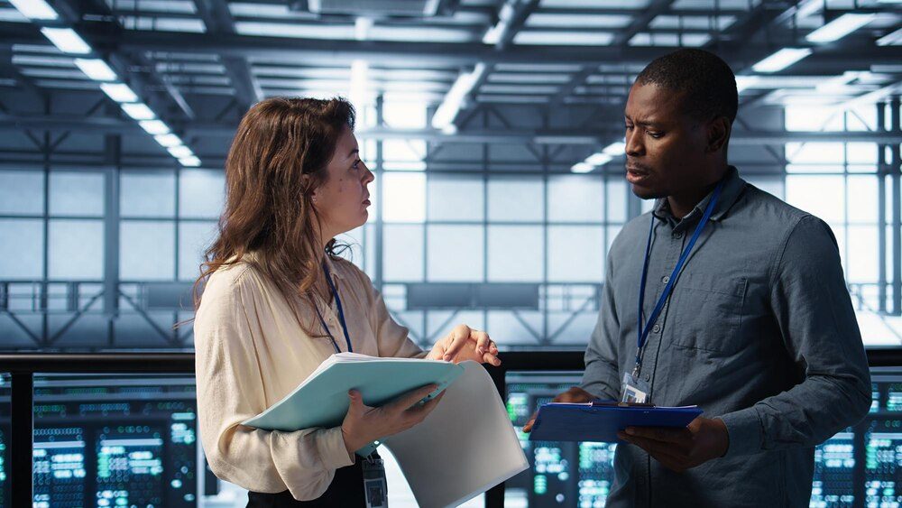 IT team reviewing servers in a telecommunications room during an audit
