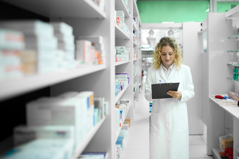 Pharmacy shelves with medicines