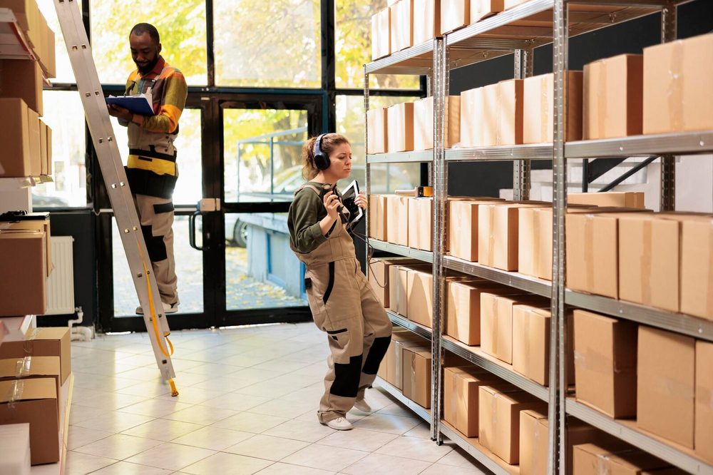 Warehouse with goods organised by reference and stock control