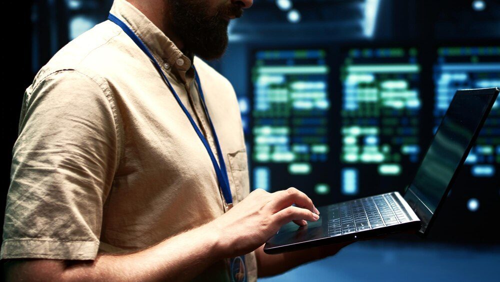 Technician checking server event logs and system health