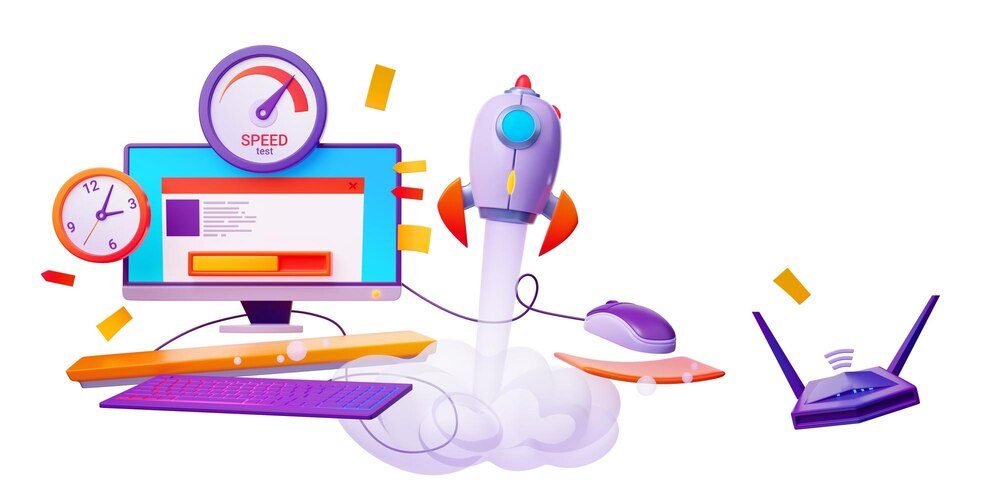 3D computer with website loading speed test and speedometer